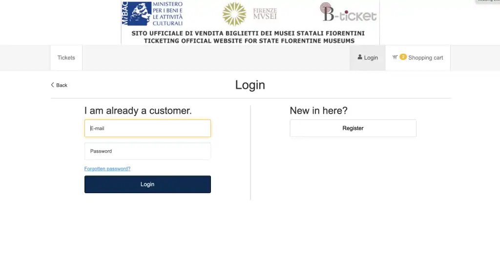 screenshot of btickets login or register page