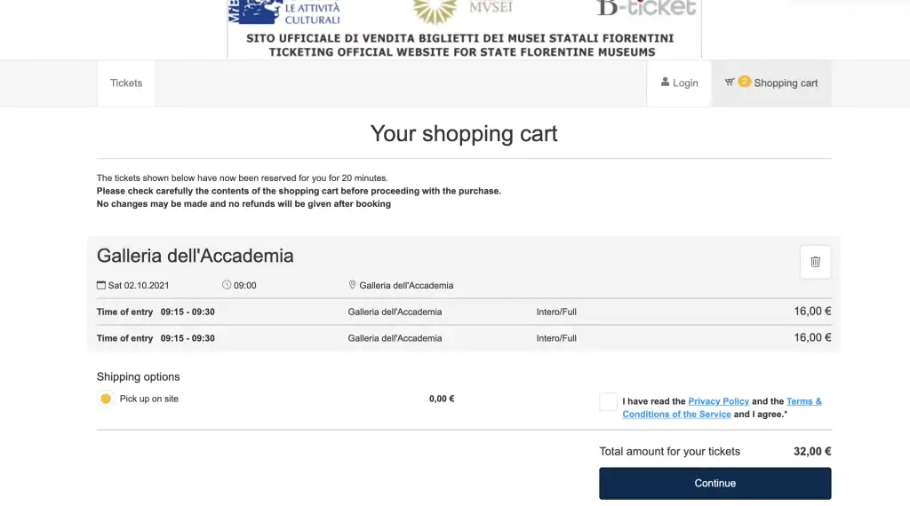 screenshot of btickets shopping cart