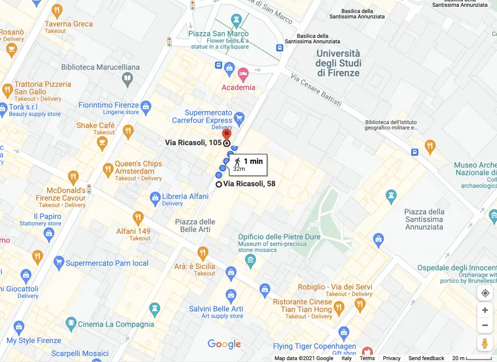 google map of distance between accademia gallery and its ticket shop