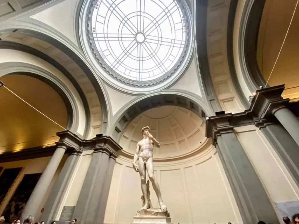 Michelangelo's David statue in the Accademia Gallery with the ceiling above