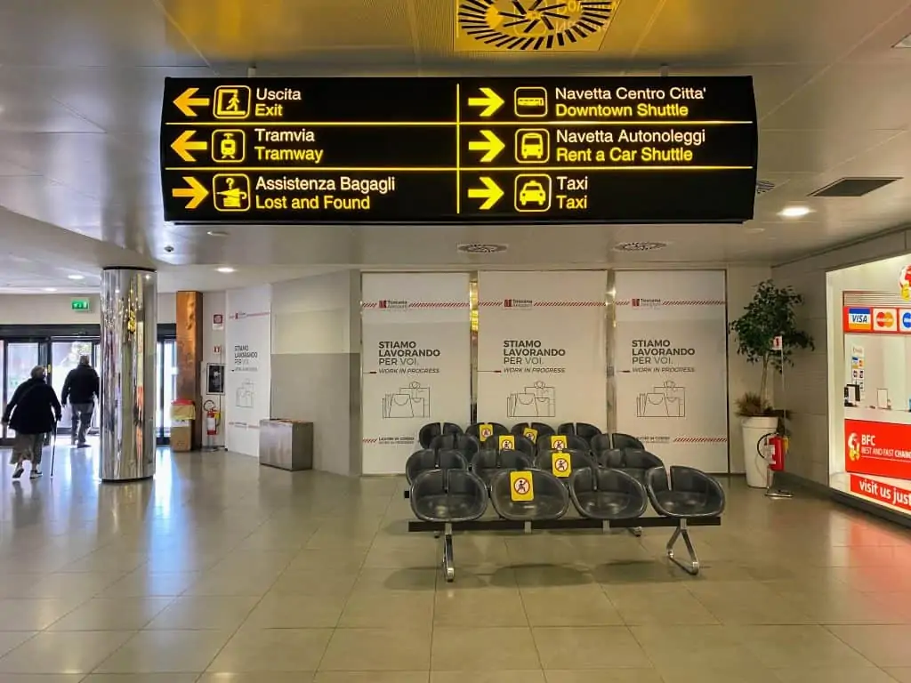 Transport options signs in front of you when you walk into arrivals area of Florence airport.