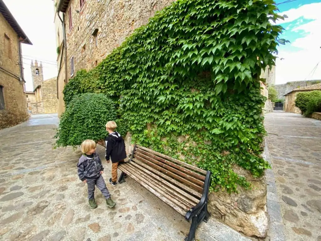 Two boys stand next to a bench and a wall covered in pretty, green vines in Monteriggioni, Italy.