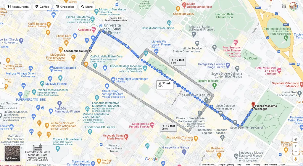 google map that shows three walking routes from the accademia gallery in florence to a kids playground in piazza azeglio