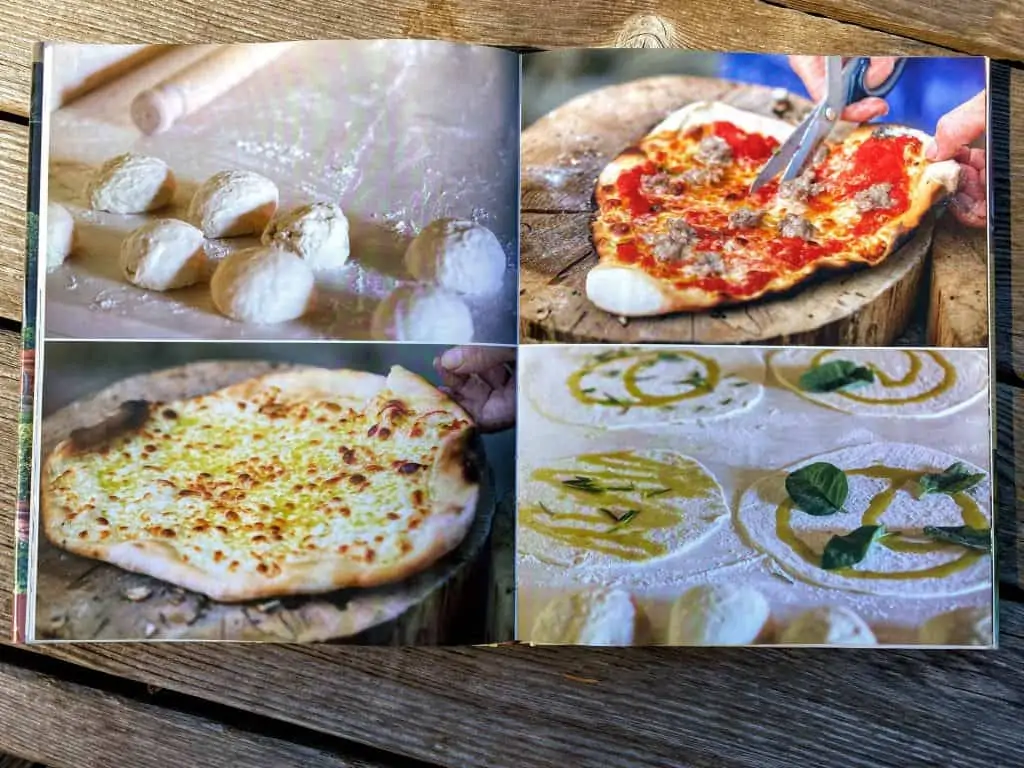 Pages of The Tuscan Sun cookbook - rolled dough balls, pizza, pizza dough drizzled with oil, and cooked pizza dough drizzled with oil.