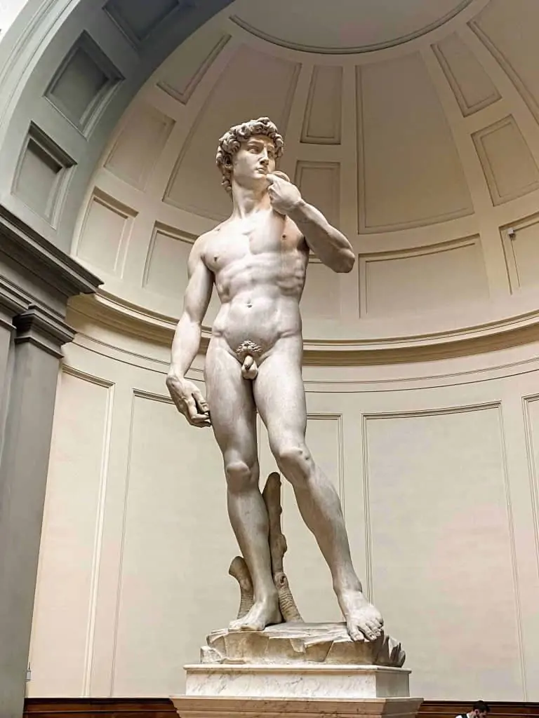 Full-body photo of Michelangelo's David at the Accademia Gallery in Florence, Italy