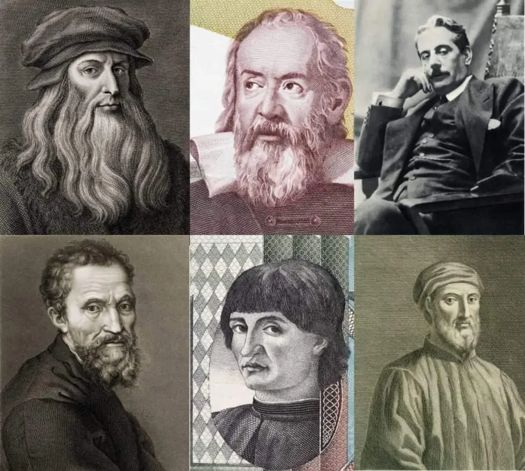 Portraits of famous Tuscans - Leonardo da Vinci, Galileo Galilei, Giacomo Puccini, Donatello, Niccolò Machiavelli, Michelangelo Buonarotti