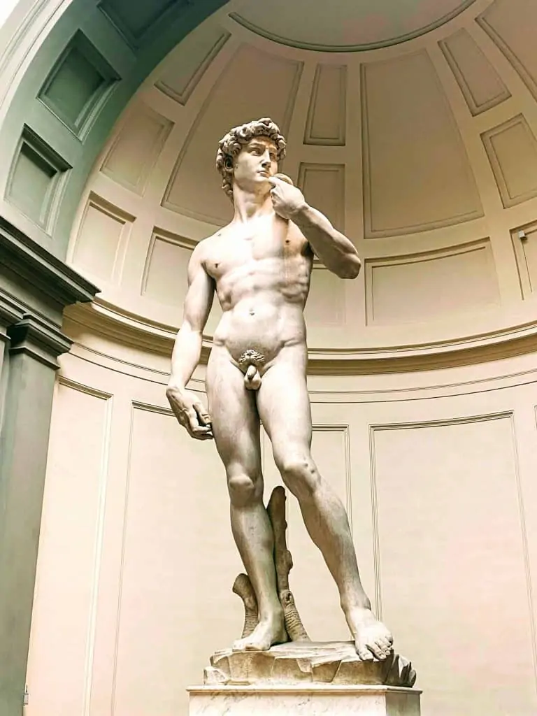 A full-body photo of Michelangelo's David statue inside the Accademia Gallery in Florence, Italy.  