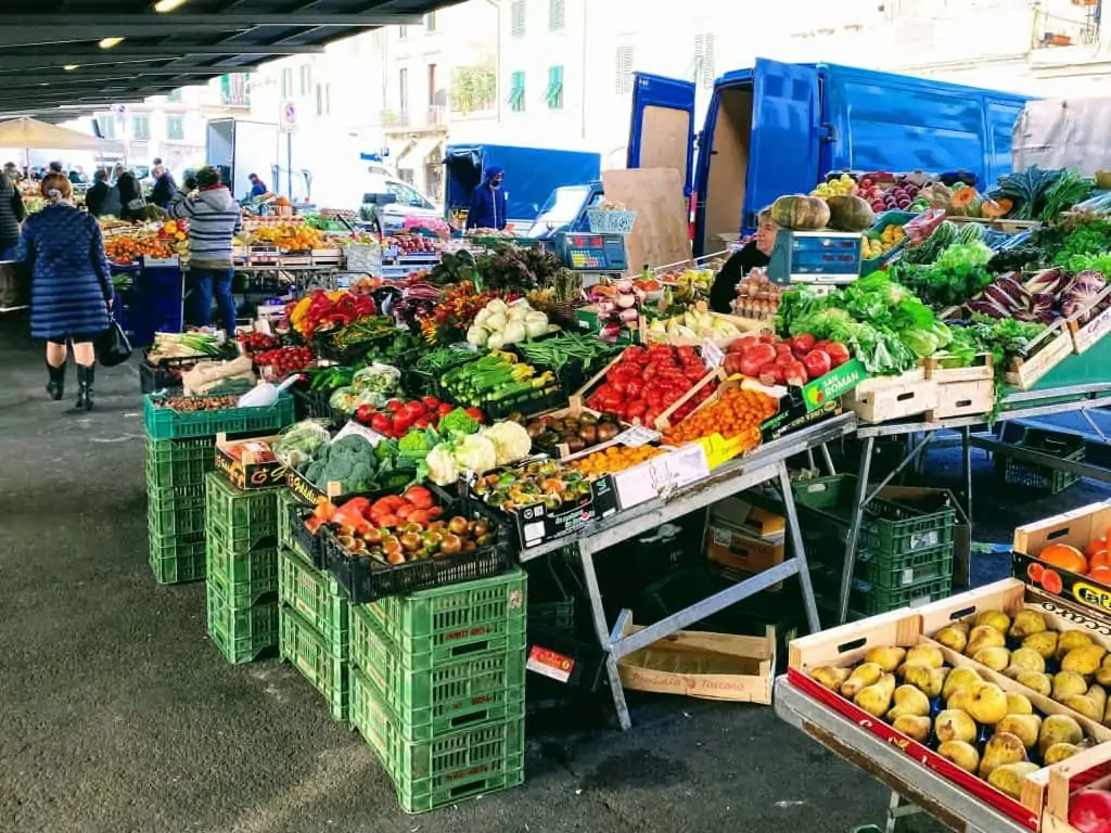 Fruit and vegetables on display at a market in Florence, Italy.