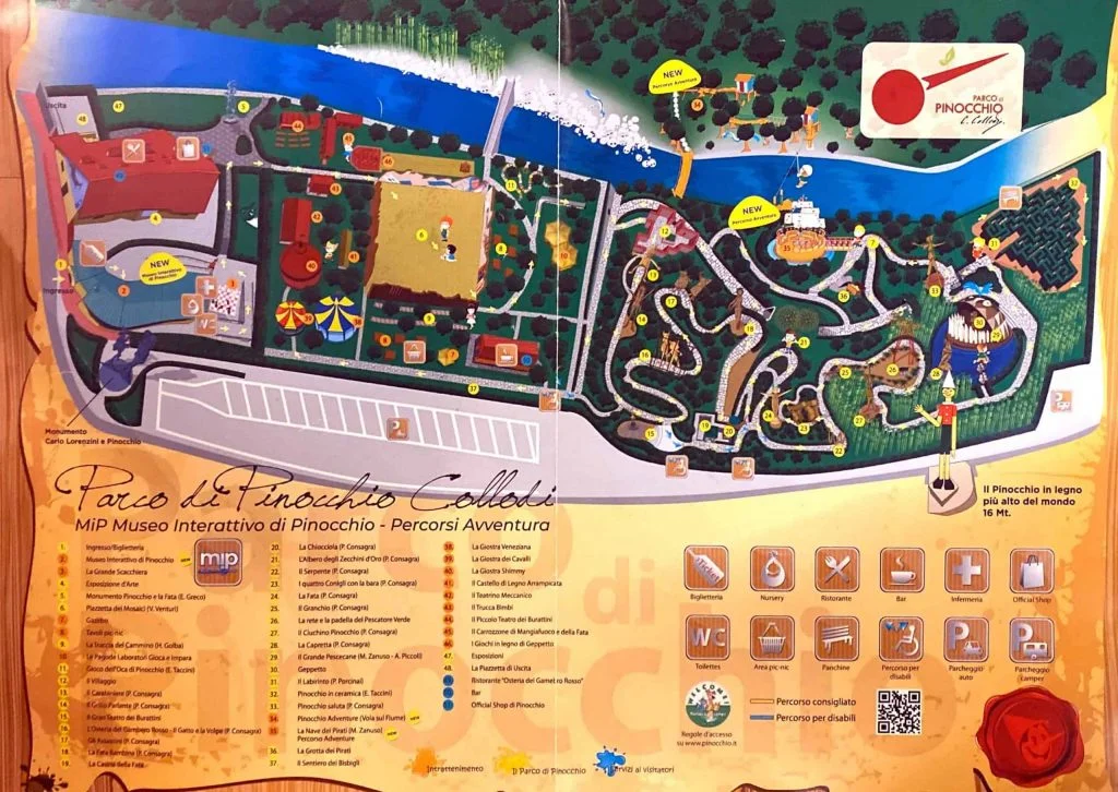 Color map of Pinocchio Park in Collodi, Italy. The key is in Italian but you can decipher some of the points by the symbols.