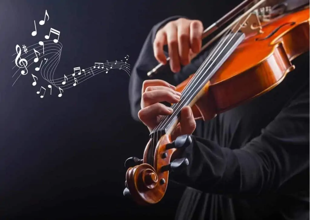 Closeup of person playing violin.  You can only see violin and hands and arms.  The person is wearing all black.  There are graphic white music notes coming from the violin on the left.