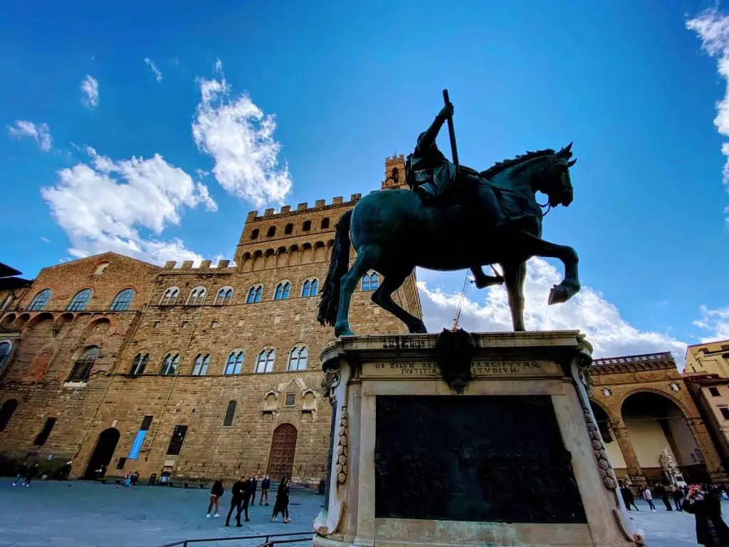 Statue in Piazza della Signoria of man on horse.