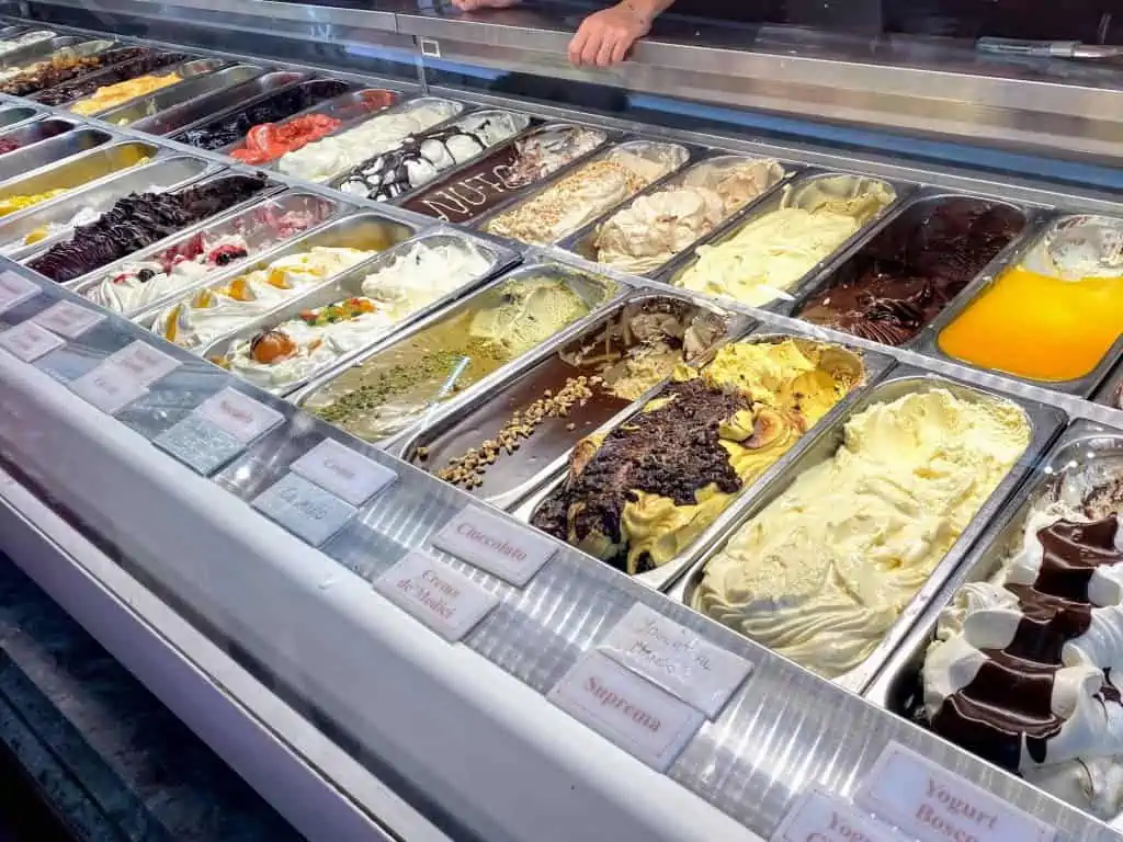 Gelato on display at Gelateria de' Medici in Florence, Italy.