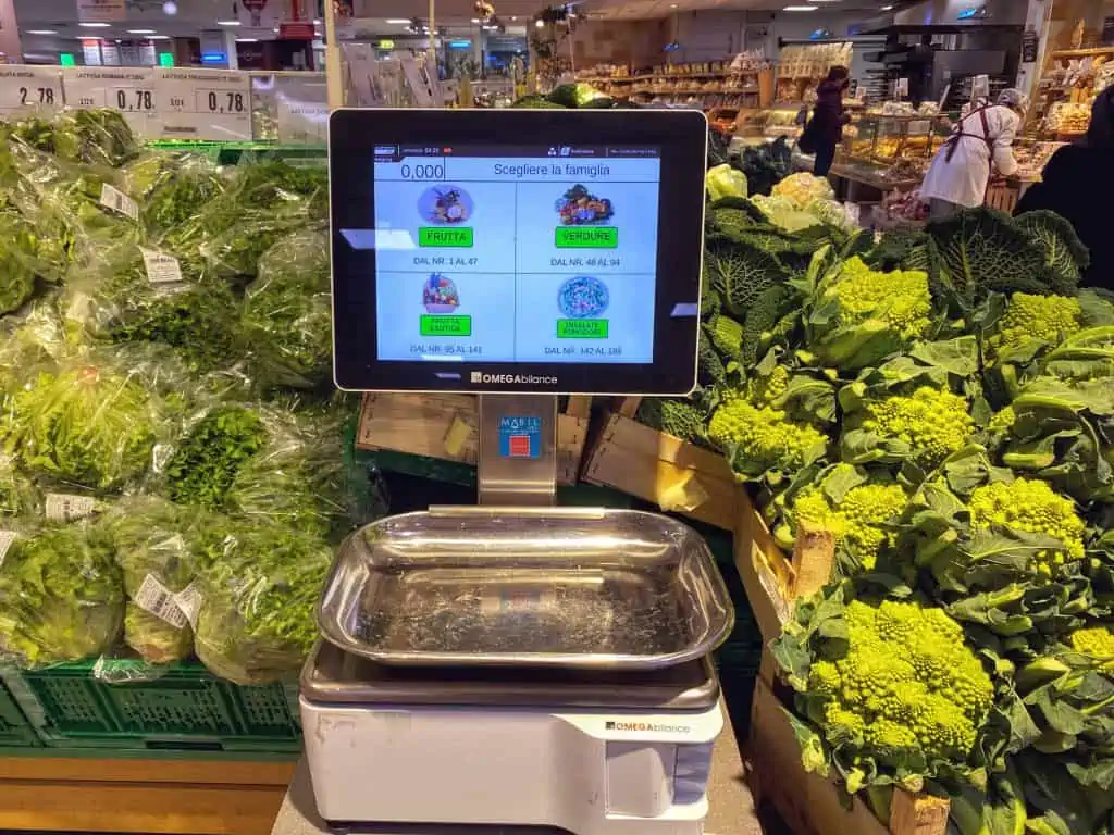 Scale for weighing fresh produce at a supermarket in Italy.