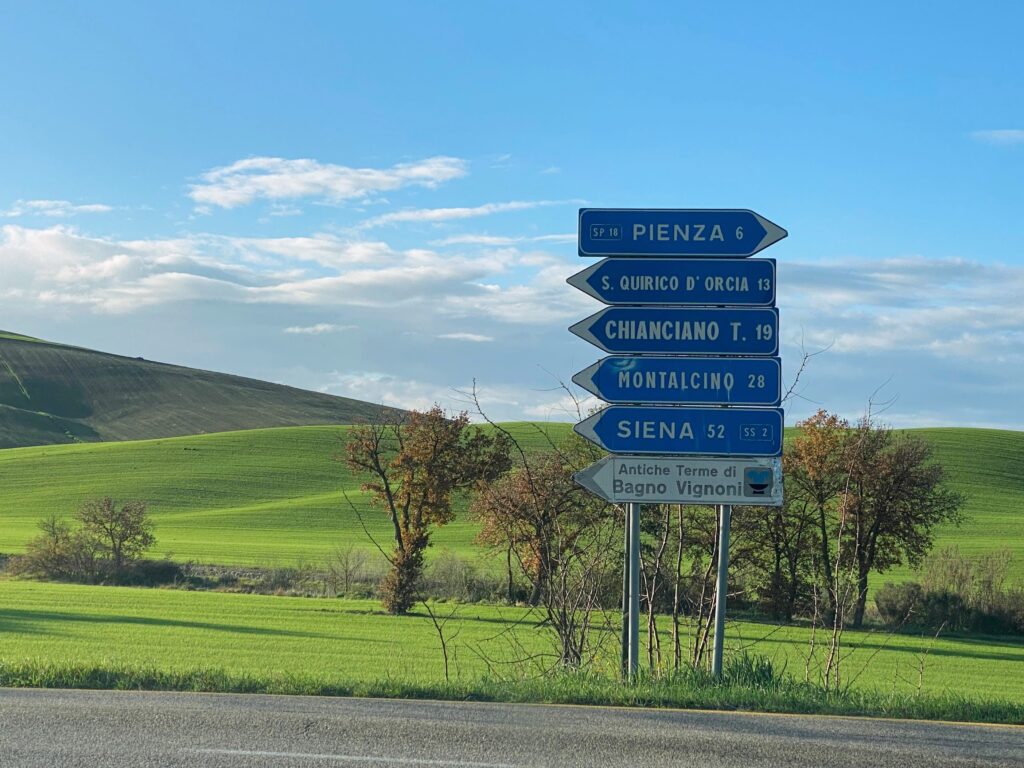 Road signs in the Val d'Orcia in southern Tuscany, Italy.