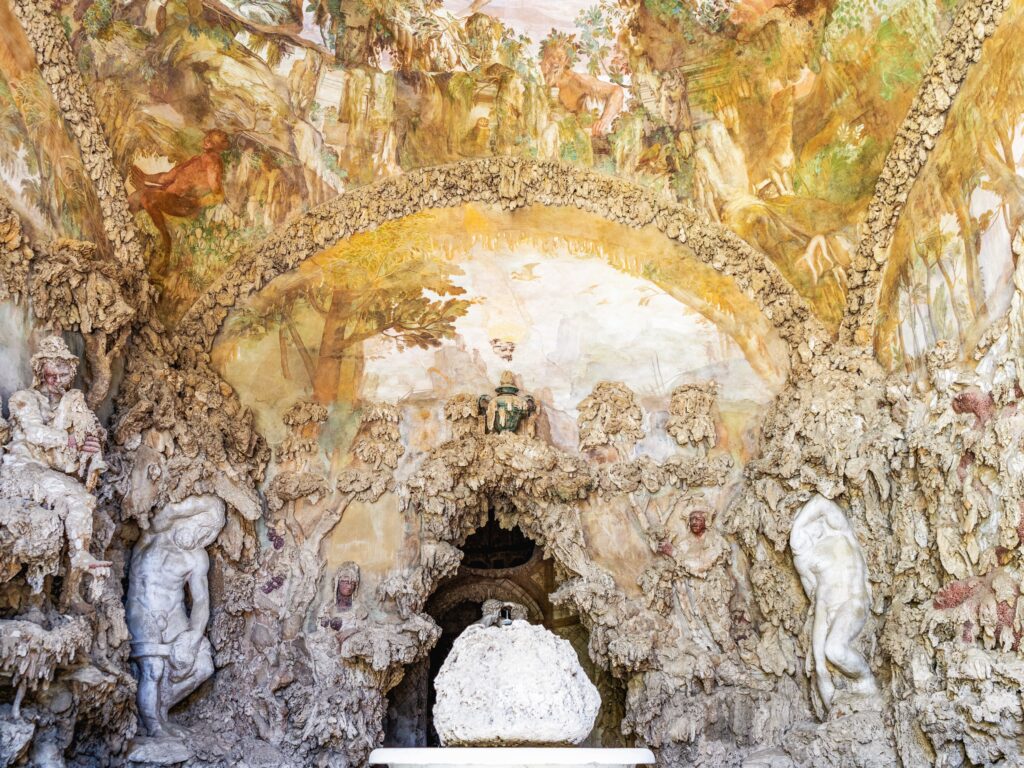 Inside the Grotta Grande (aka Buontalenti Grotta) in the Boboli Gardens in Florence, Italy.  You can see replicas of some of Michelangelo's Prisoners sculptures.