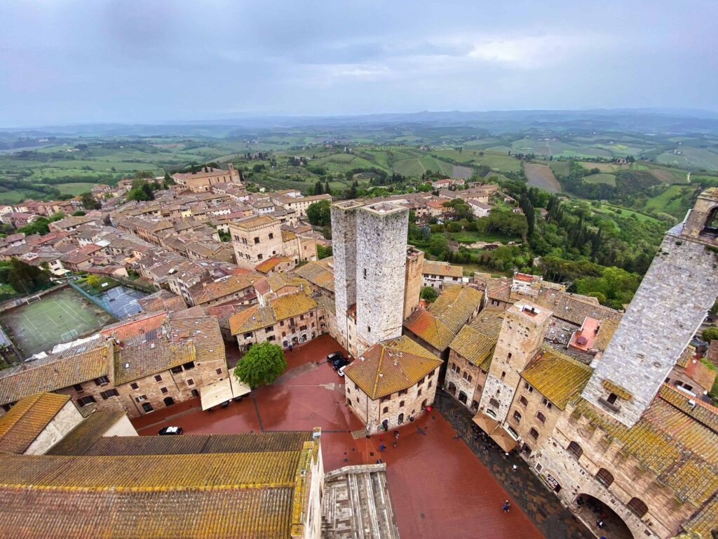 Rainy day view of San Gimignano, Italy from atop the town's Torre Grossa tower.
