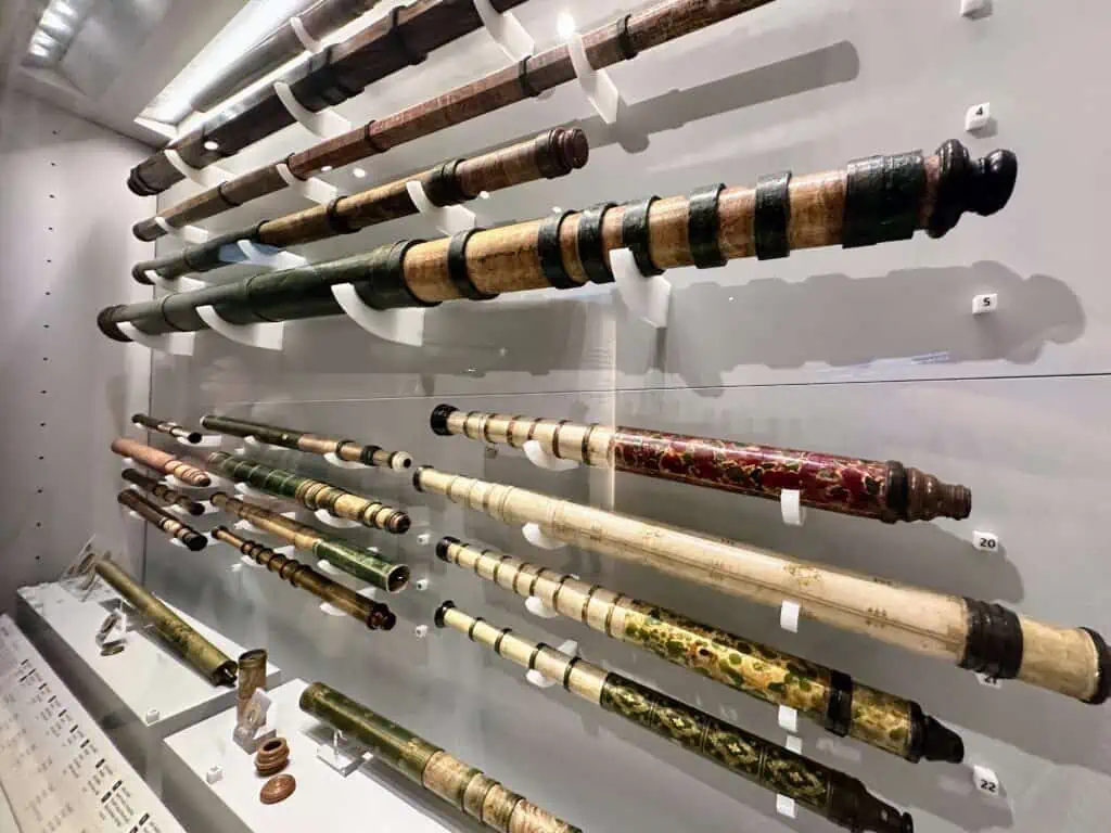 Wall of telescopes on display at the Galileo Museum in Florence.