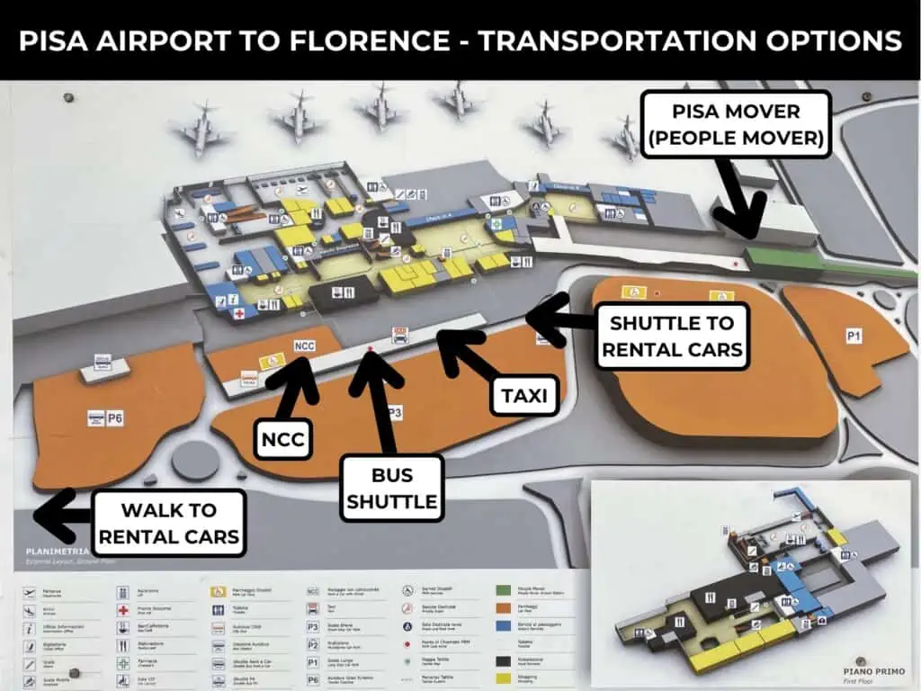 Map of Pisa airport with labels showing where to get forms of transport to Florence.