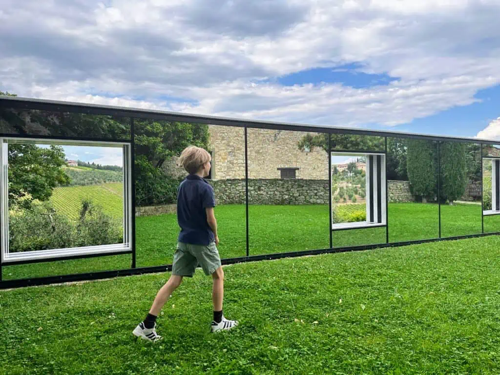 Boy walks in front of mirror art and you can see vineyards in background through windows in the mirror. Sunny day with puffy clouds.
