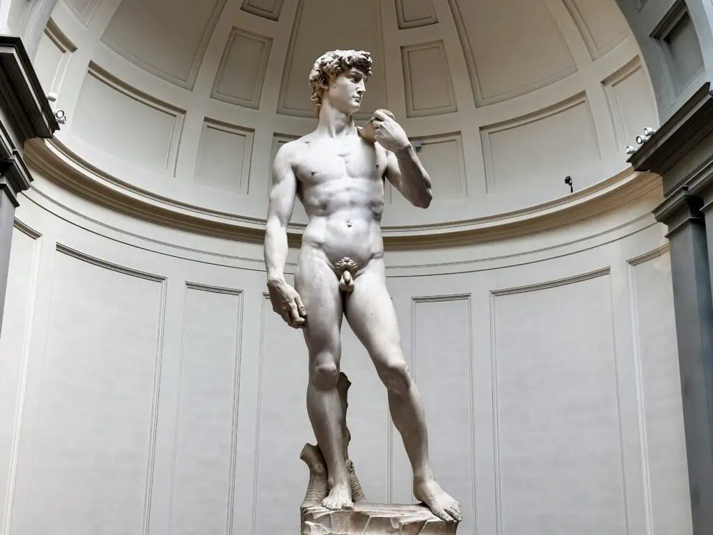 Michelangelo's marble statue of David on display in the Accademia Gallery in Florence, Italy.