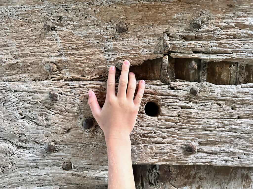 Kid's hand touching old, worn wooden door.