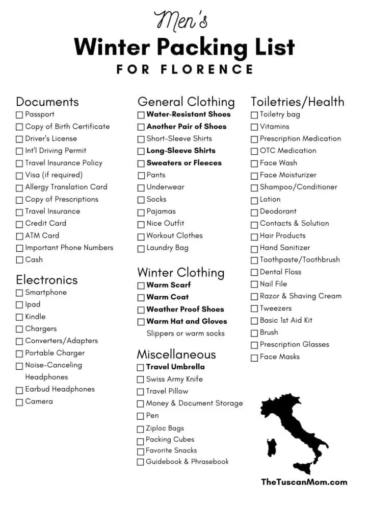 Black and white typed list of what to pack for Florence in the winter.