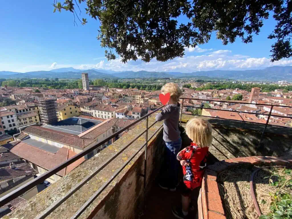 Boys looking out at the rooftops of Lucca, Italy from the top of the Torre Guinigi.