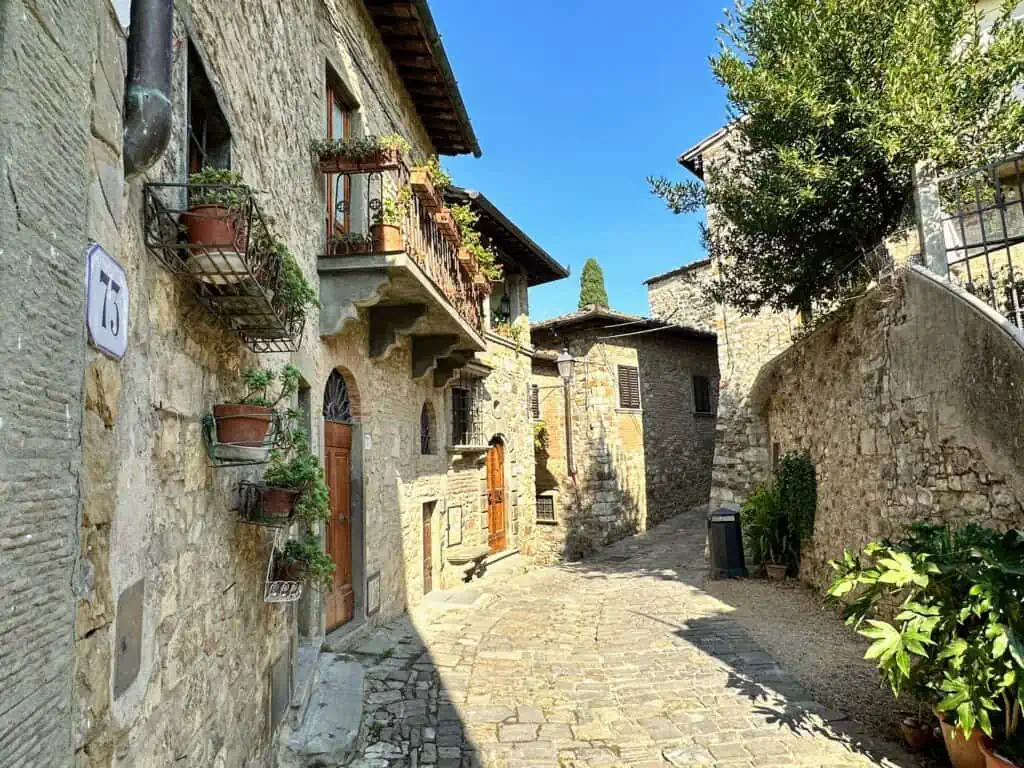 Sun shines on a narrow cobblestone street in a small Italian village. Plants decorate the ground and walls and balcony.