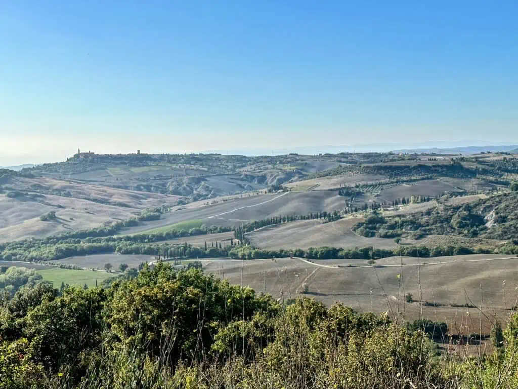 View of Tuscan countryside. You can see Pienza on the hill in the background on the left.