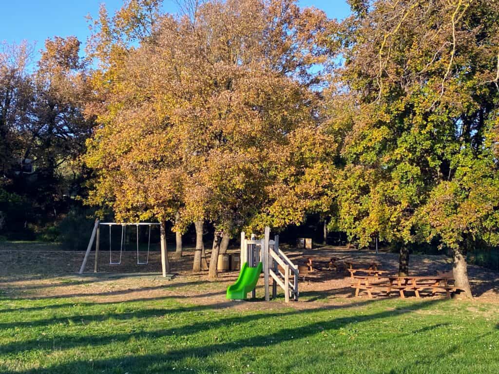 Playground with swings, slide and small play structure. It's shaded by trees and there are picnic tables.