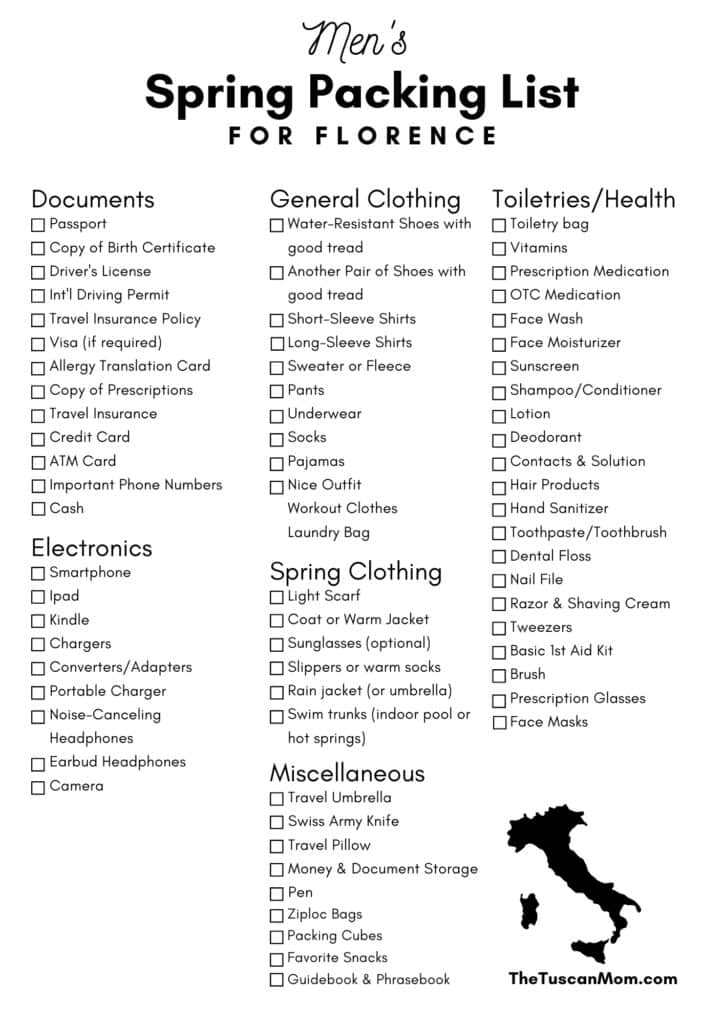 Checklist for a Men's Packing list for Florence, Italy in the spring.