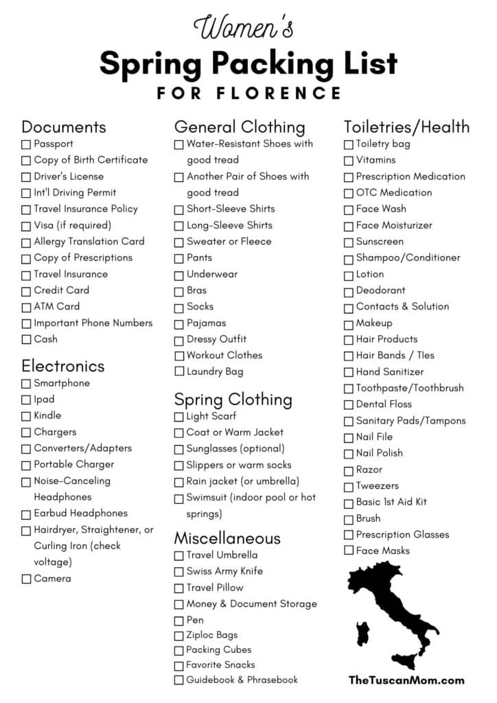 Checklist for a Women's Packing list for Florence, Italy in the spring.