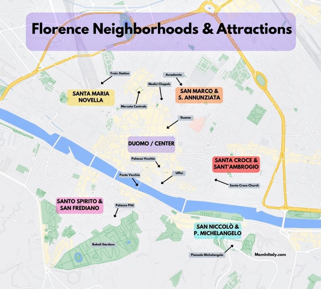 Graphic map of Florence, Italy with areas and major sites highlighted.
