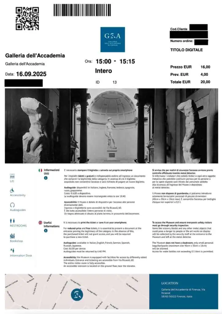 Ticket for the Accademia Gallery in Florence, Italy. It includes a photo of Michelangelo's David and a QR code.