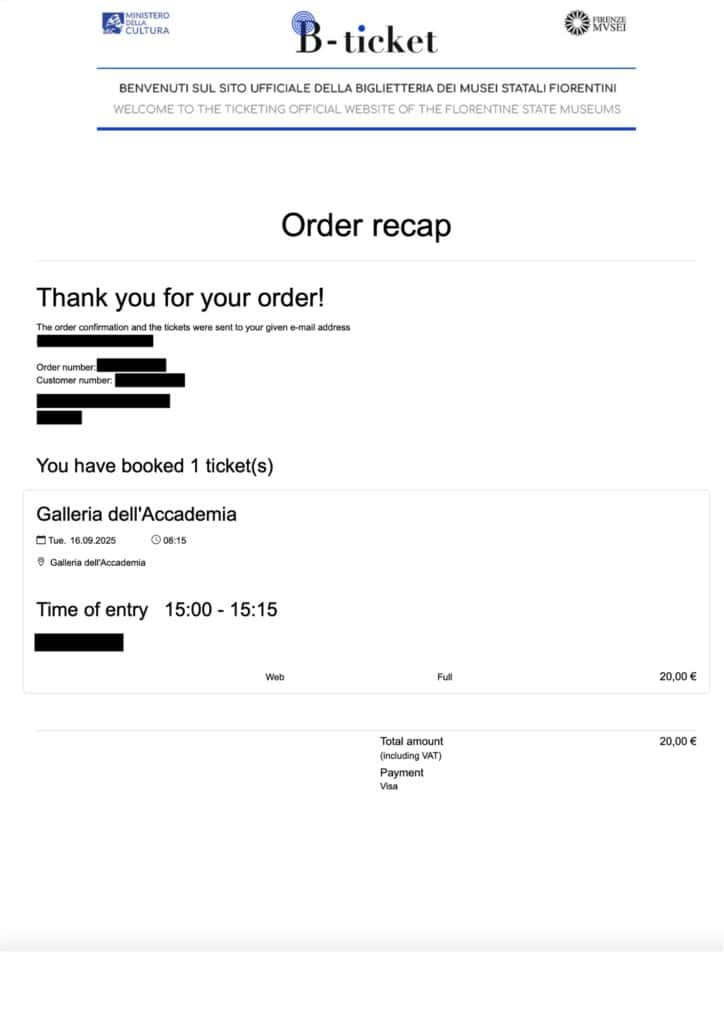 Redacted copy of ticket order recap for the Accademia Gallery in Florence, Italy.