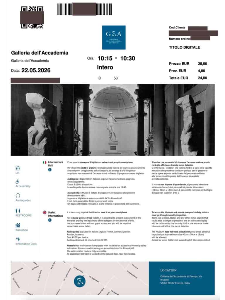 Entrance ticket to the Accademia Gallery in Florence, Italy. Photos of David and Michelangelo's statues on the ticket.
