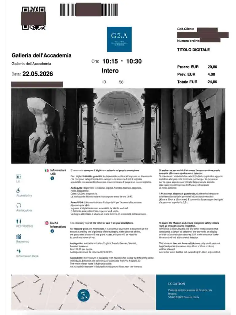 Entrance ticket to the Accademia Gallery in Florence, Italy. Photos of David and Michelangelo's statues on the ticket.