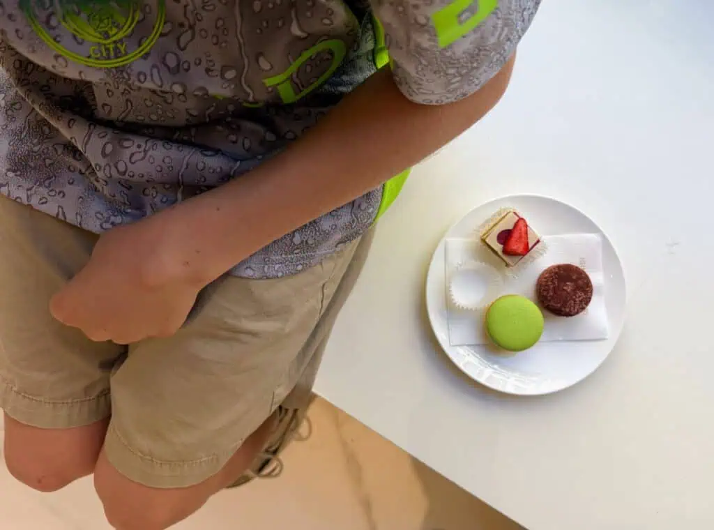 Boy sits next to small white plate with macaroons and a mini cake. One dessert is missing from the plate.