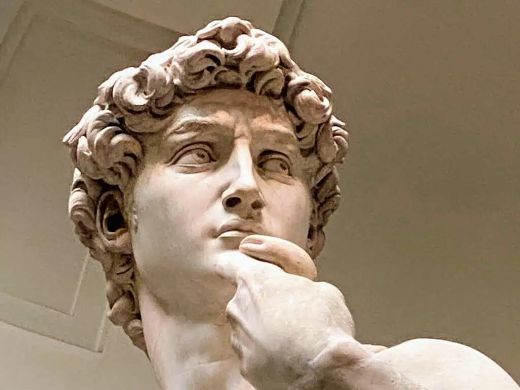 Close up look at the statue of David by Michelangelo. Head and hand.